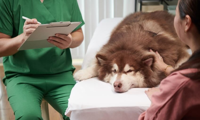 Owner patting sick dog to calm animal when visiting veterinarian